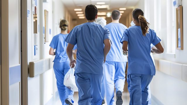 Healthcare professionals running in hospital corridor, urgency